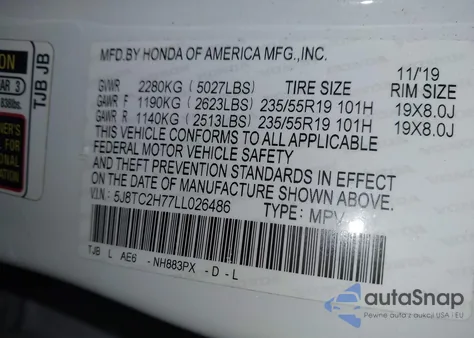 2020 Acura Rdx Advance Package z USA, uszkodzony, nr VIN 5J8TC2H77LL026486